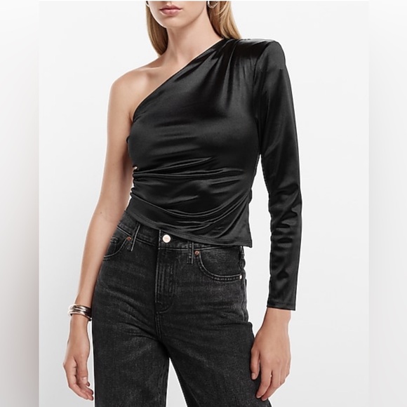 Satin Draped One Padded Shoulder Ruched Top - Picture 5 of 7